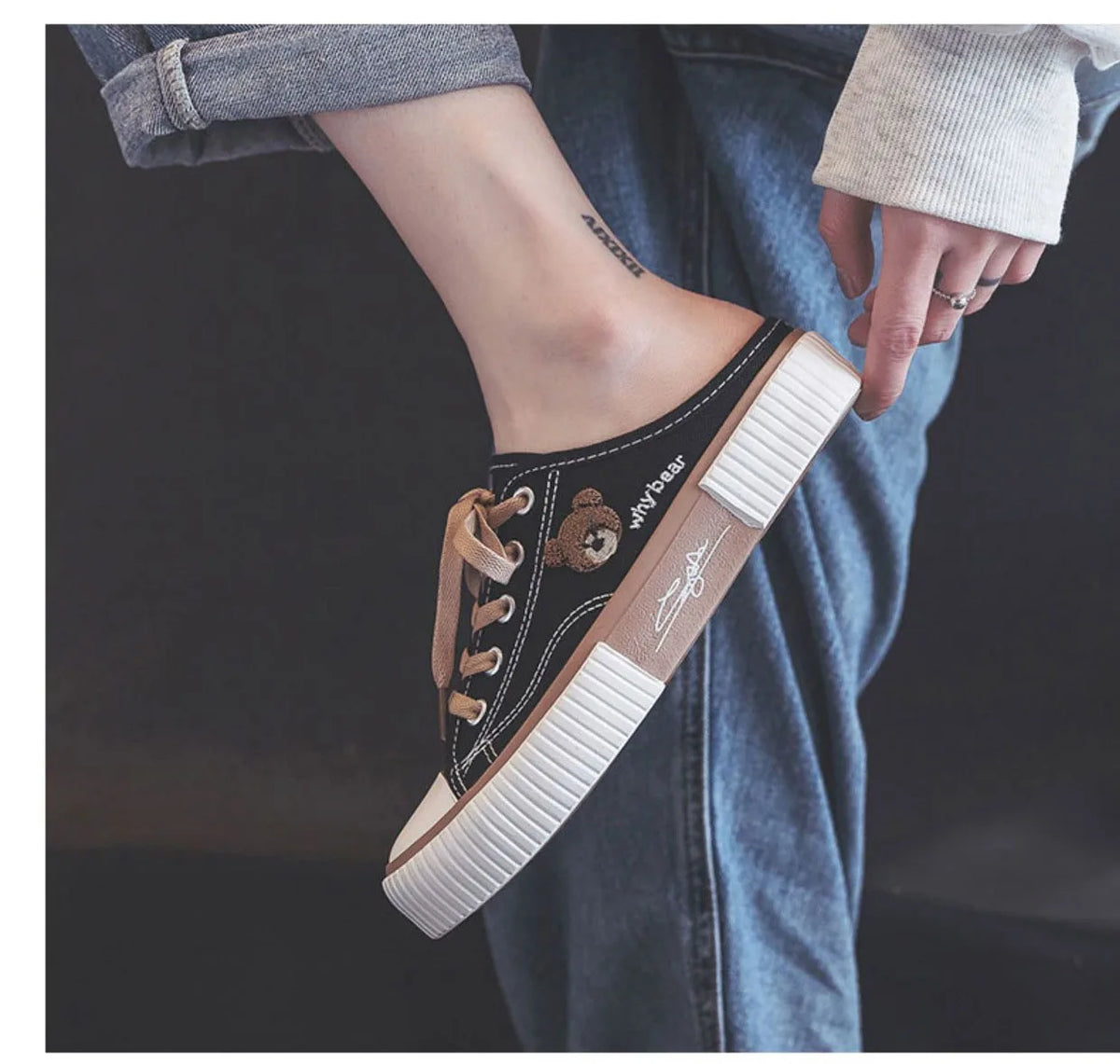 Comemore High-top Canvas Woman Vulcanized Shoes Flats Casual Espadrilles for Women Spring Lady Black White Bear Lace Up Sneakers