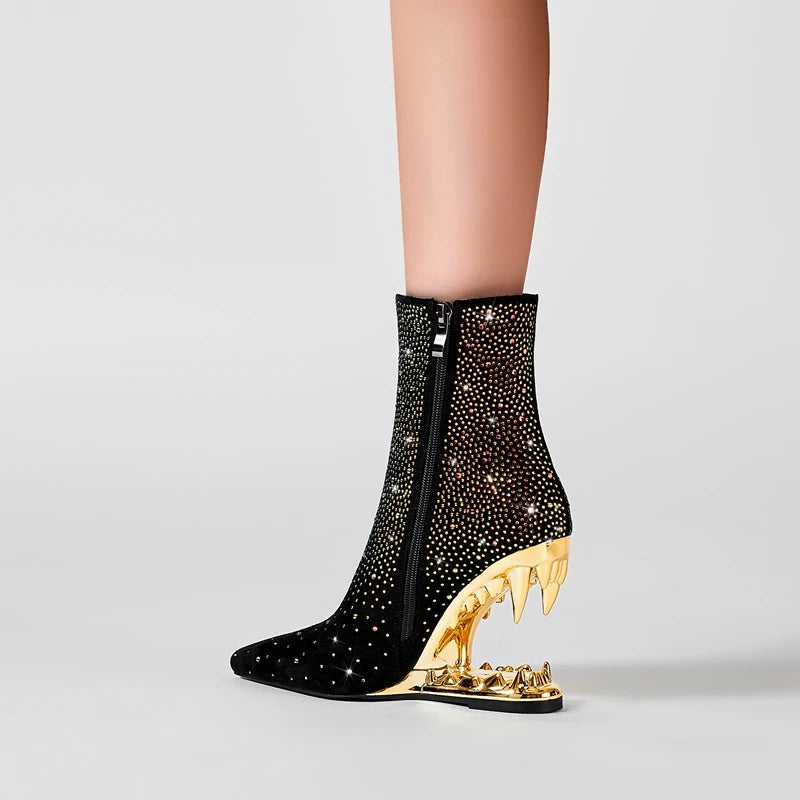 Kakay's New Water Diamond Super High Heel Wolf Teeth Tiger Teeth Shaped Heel Women's Short Boots Women's Boots