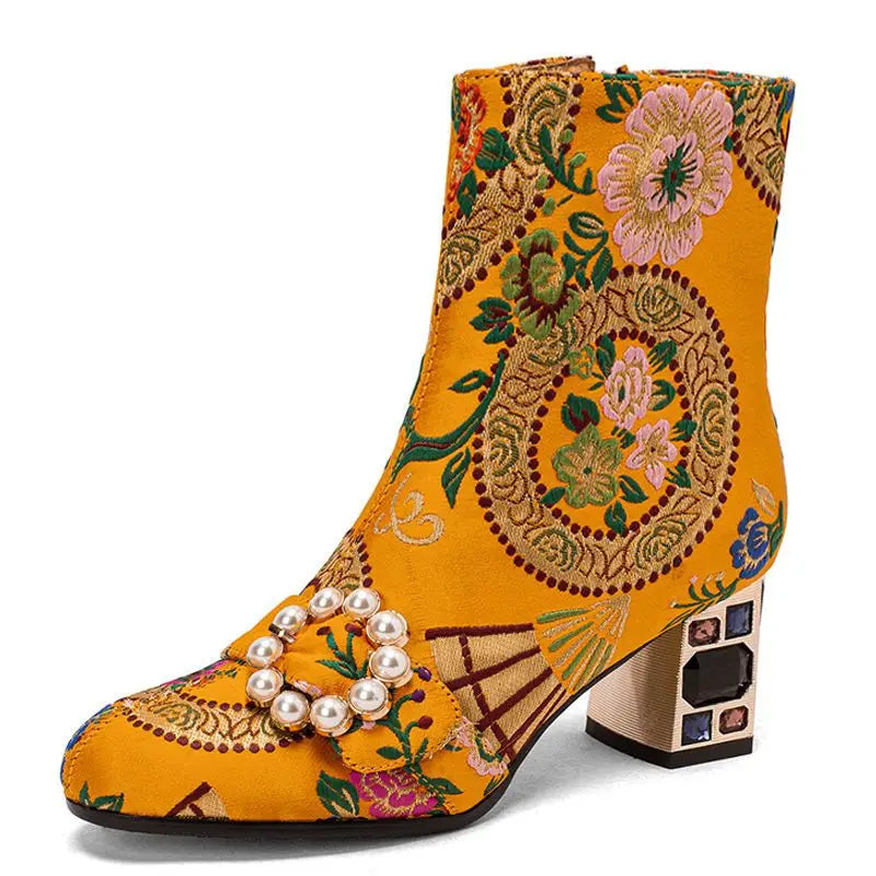 FHC New Chinese Style Women Ankle Boots,Fashion Embroidery Winter Shoes,High Heels Short Botas,Pointed Toe,Black,Yellow,Dropship