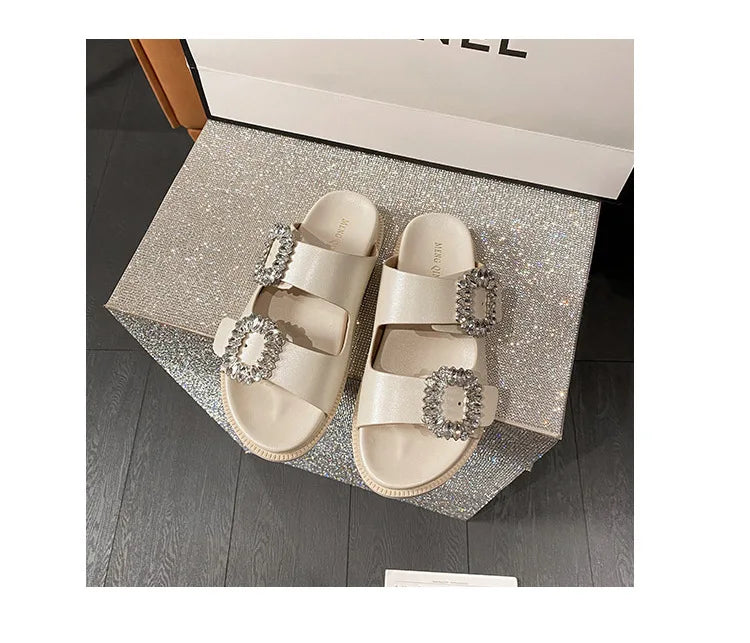 pearl rivets thick bottom women slippers crystal beading flip flops lace band platform sandalias mujer pearl slides big size 43
