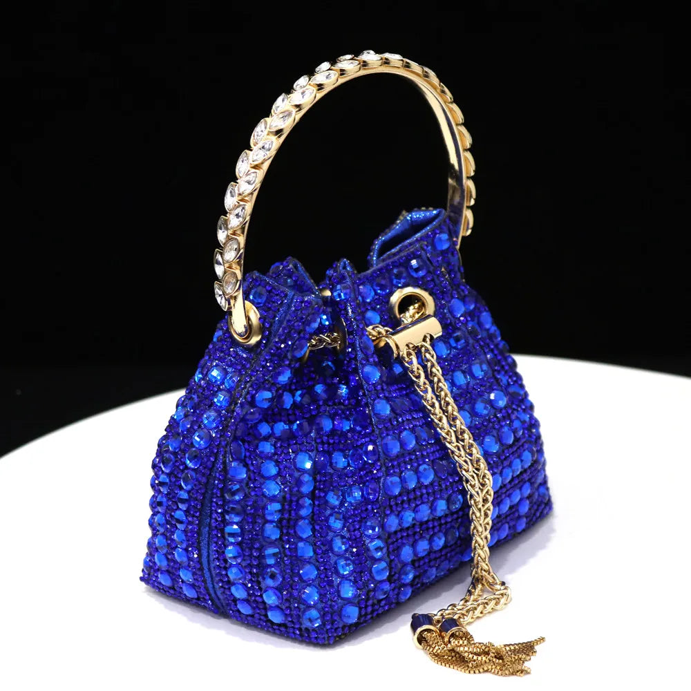 Rhinestones Women Evening Bags Bucket Design Party Day Clutch Soft Mixed Color Handle Design Handbags Purse Mature