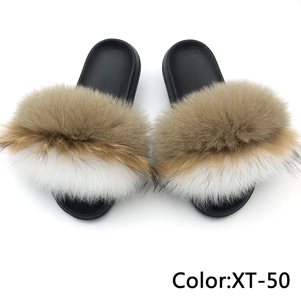 SARSALLYA Fur Slippers Women Real Fox Fur Slides Home Furry Flat Sandals Female Cute Fluffy House Shoes Woman Brand Luxury 2024