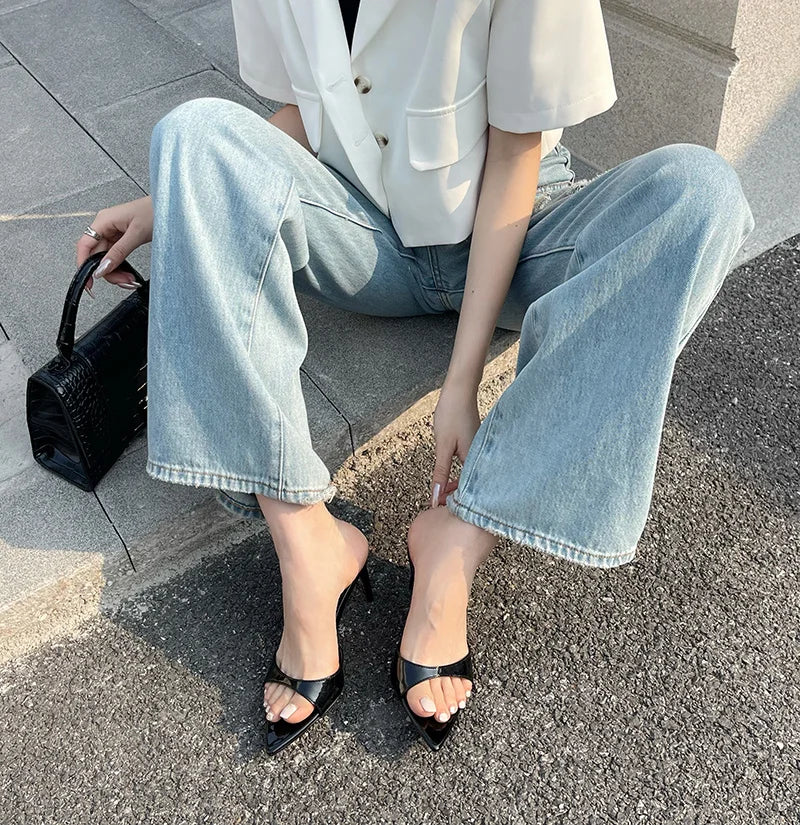 Liyke Summer Slippers Women Cozy Mules Low Thin Heels Slides Shoes Fashion Pointed Open Toe Gladiator Sandals Zapatos Mujer