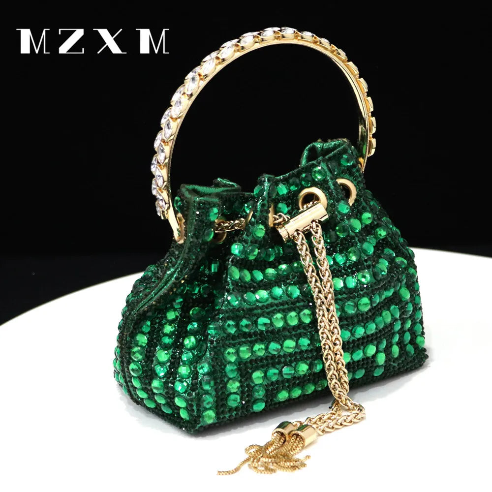 Rhinestones Women Evening Bags Bucket Design Party Day Clutch Soft Mixed Color Handle Design Handbags Purse Mature