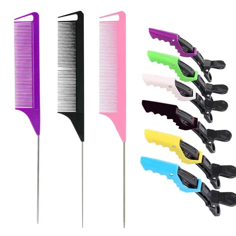 9PCS Alligator Clips and Steel Pins Pointed Tail Picking Comb Heat-resistant Anti-static Supplies Professional Hairdressing