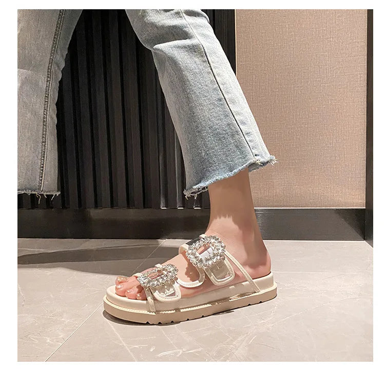 pearl rivets thick bottom women slippers crystal beading flip flops lace band platform sandalias mujer pearl slides big size 43