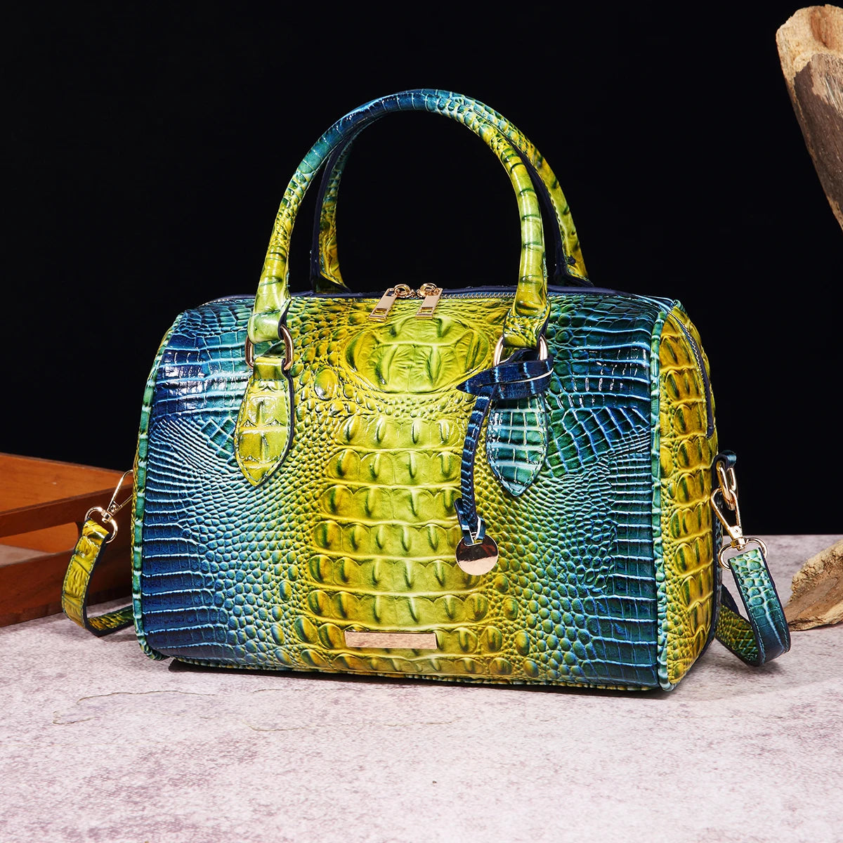 Ombre Crocodile Embossed Boston Handbag Classic Style Crossbody Bag Women's Leather Satchel Purse