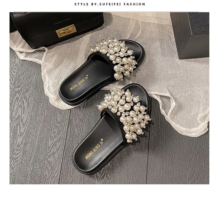 pearl rivets thick bottom women slippers crystal beading flip flops lace band platform sandalias mujer pearl slides big size 43