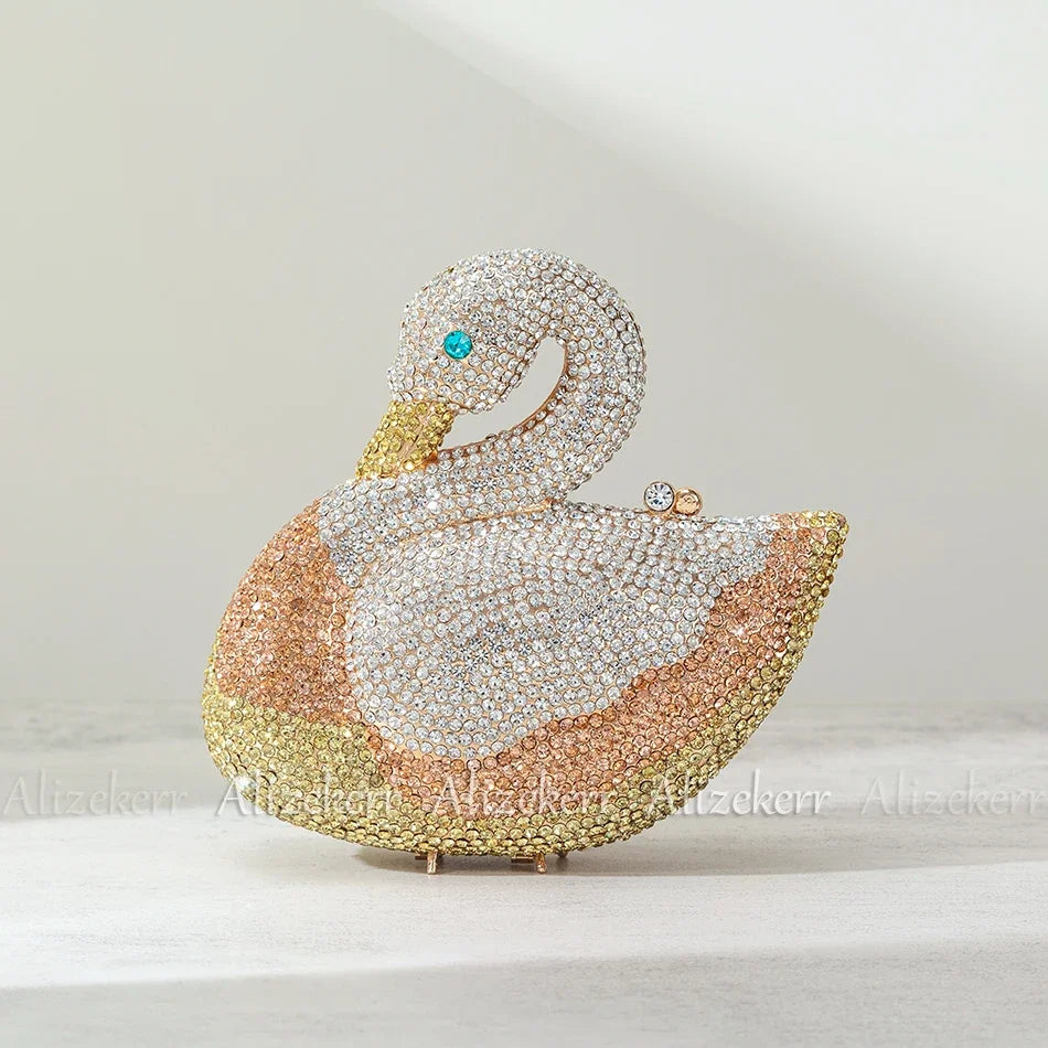 Alizekerr Swan Shaped Diamond Evening Bags New Gorgeous Sparkling Rhinestone Metallic Clutch Purses And Handbags Wedding Party