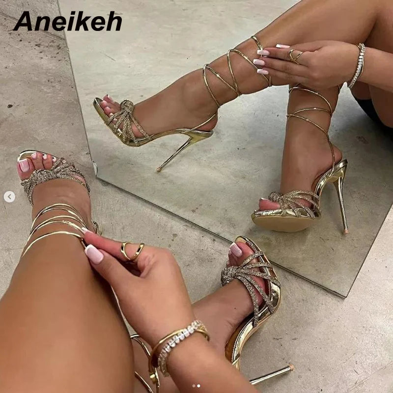 Aneikeh 2025 New Fashion Concise Square Open Toe Narrow Band Ankle Cross-Tied Thin High Heel Women Sandals  Sandals Silver Gold