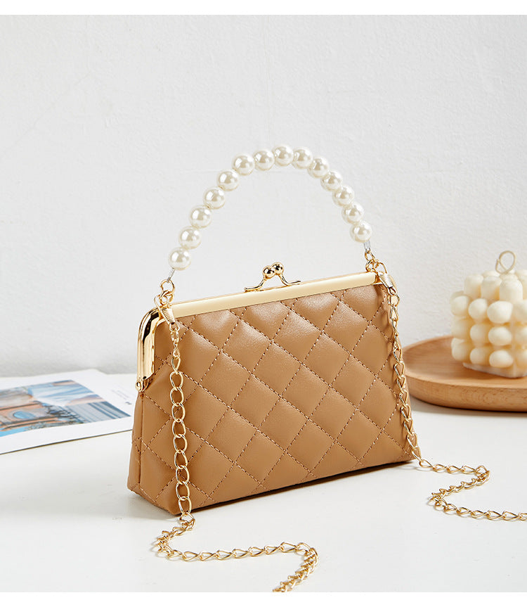 New Fashion Versatile Lingge Embroidery Clip Chain Strap Crossbody Mobile Phone Bag Pearl Handheld Women's Bag