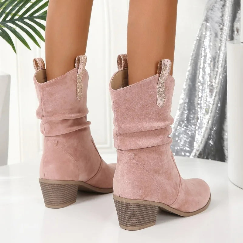 Square Heel Spring/autumn Modern Boots Mid-calf Round Toe Shoes Female 2024 High Quality Mid Heel Embroider Women's Boots