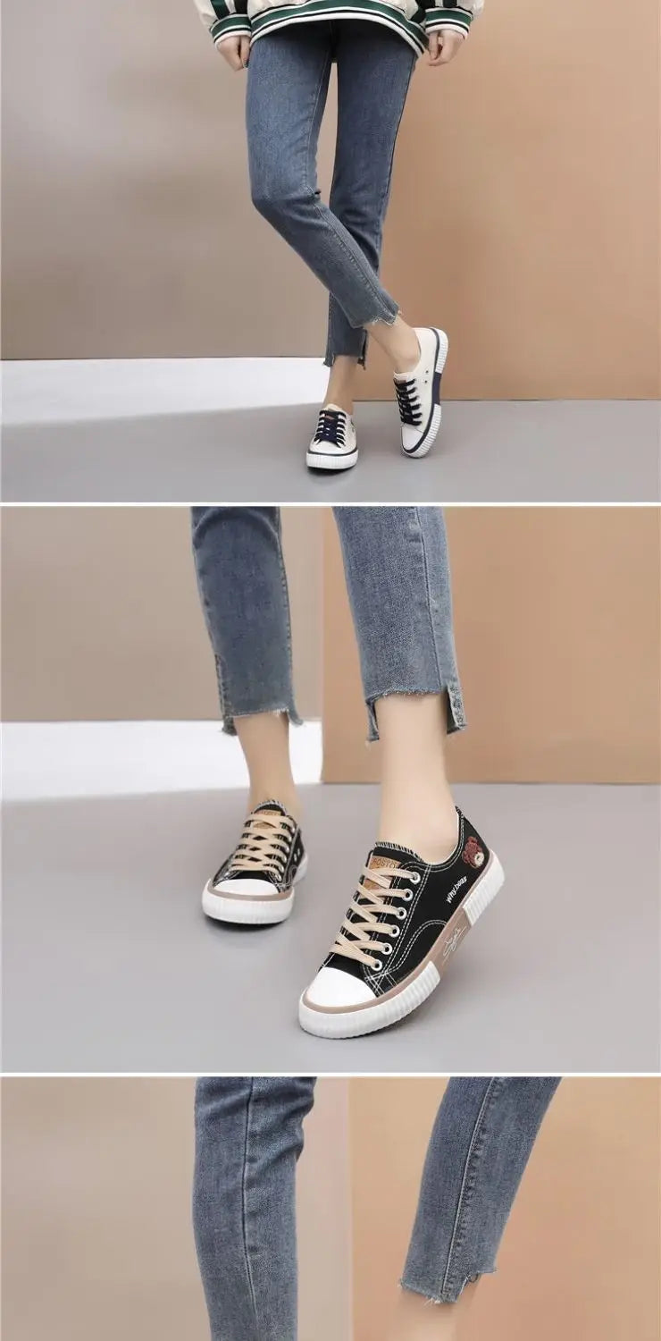Comemore High-top Canvas Woman Vulcanized Shoes Flats Casual Espadrilles for Women Spring Lady Black White Bear Lace Up Sneakers