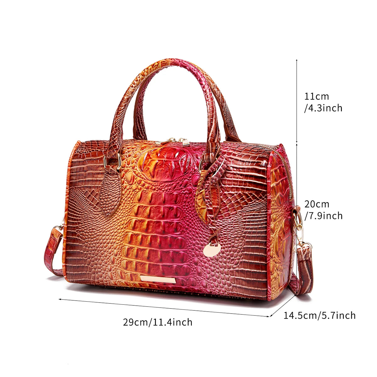 Ombre Crocodile Embossed Boston Handbag Classic Style Crossbody Bag Women's Leather Satchel Purse