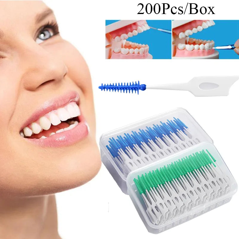 Interdental Silicone Brushes 200 Units Dental Toothpicks Brush Between Teeth   With Thread Oral Cleaning Tools