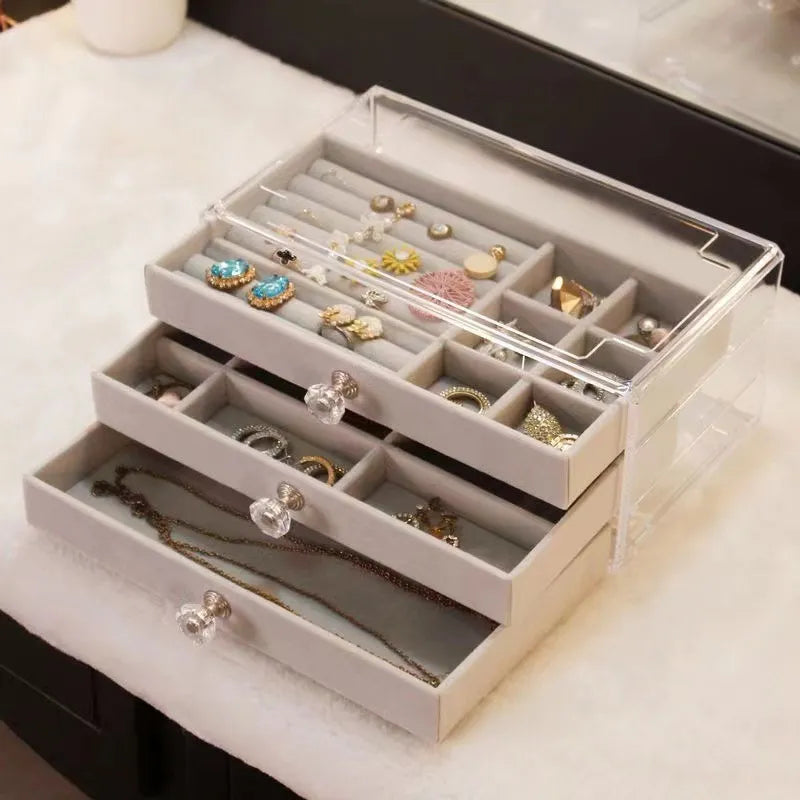 Three-layer Transparent Velvet Jewelry Drawer