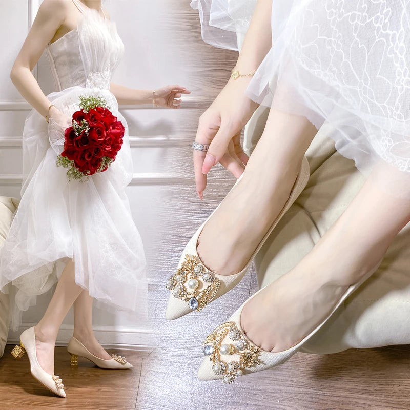Autumn New Ladies High Heels Pointed Toe Shaped Heel High 5cm and 7cm Wedding Shoes Square Buckle Travel Banquet Shoe High Heels