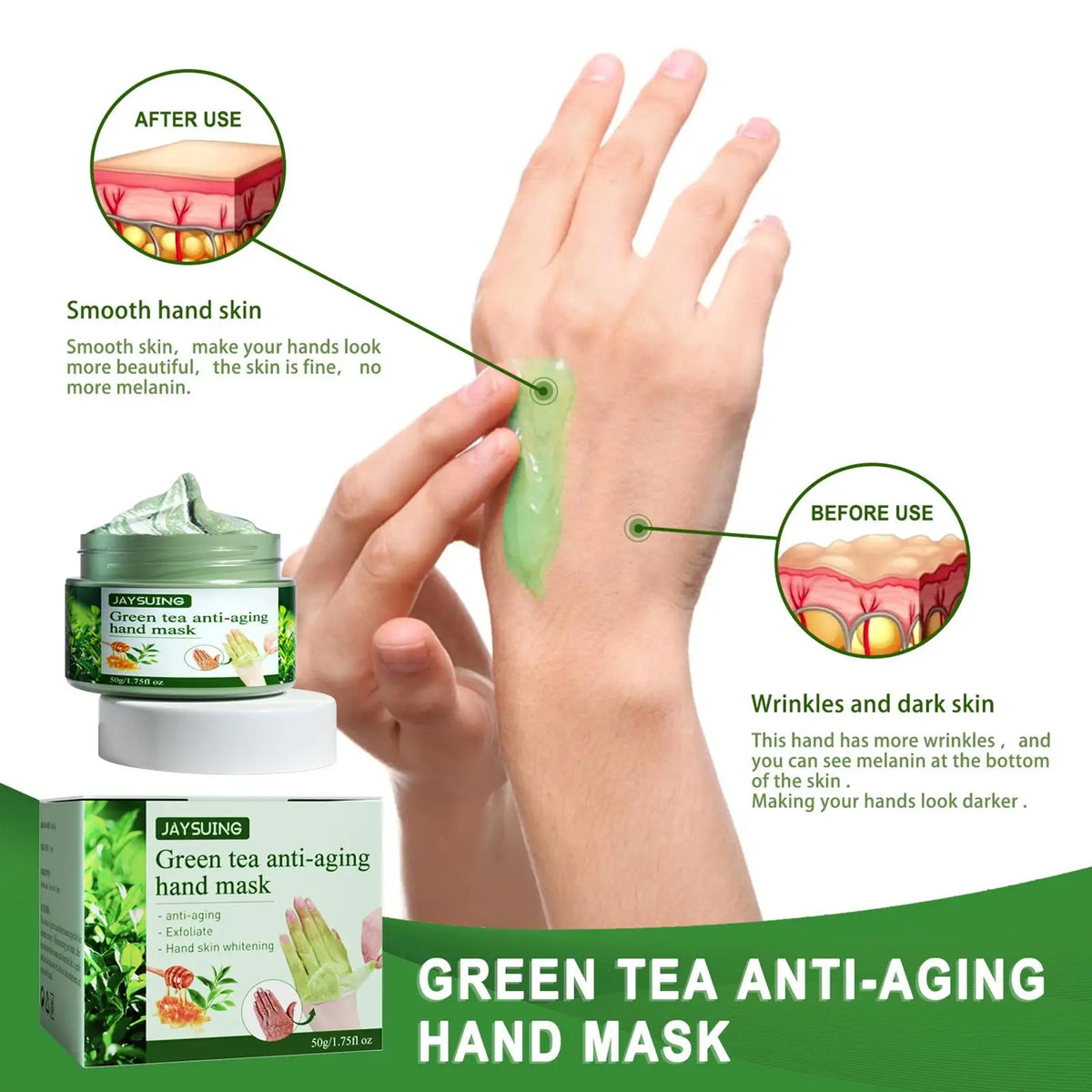 Green Tea Hand Mask Moisturizing Wax Hand Mask Repair Exfoliating Callus Film Anti-Aging Skin Hand Film Whitening Hand Care 50g