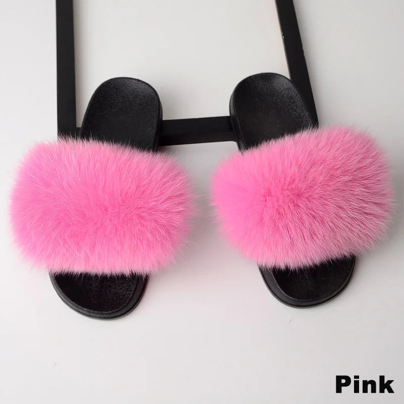 SARSALLYA Fur Slippers Women Real Fox Fur Slides Home Furry Flat Sandals Female Cute Fluffy House Shoes Woman Brand Luxury 2024
