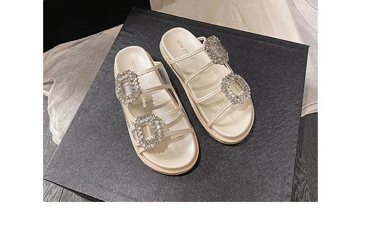 pearl rivets thick bottom women slippers crystal beading flip flops lace band platform sandalias mujer pearl slides big size 43