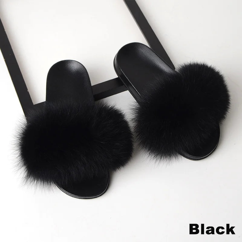 SARSALLYA Fur Slippers Women Real Fox Fur Slides Home Furry Flat Sandals Female Cute Fluffy House Shoes Woman Brand Luxury 2024