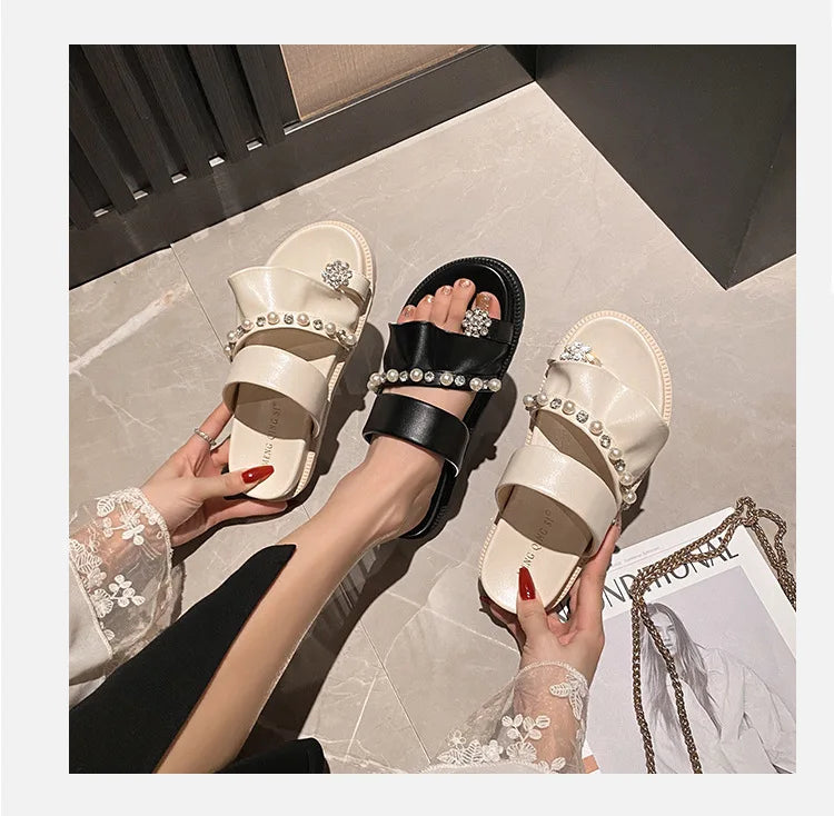 pearl rivets thick bottom women slippers crystal beading flip flops lace band platform sandalias mujer pearl slides big size 43