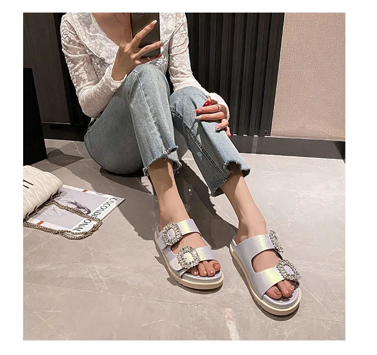 pearl rivets thick bottom women slippers crystal beading flip flops lace band platform sandalias mujer pearl slides big size 43