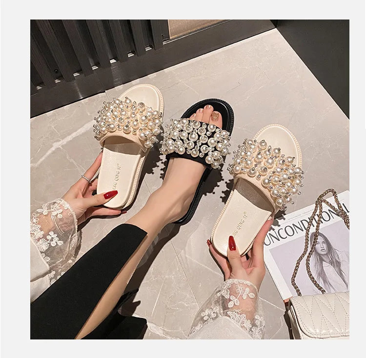pearl rivets thick bottom women slippers crystal beading flip flops lace band platform sandalias mujer pearl slides big size 43