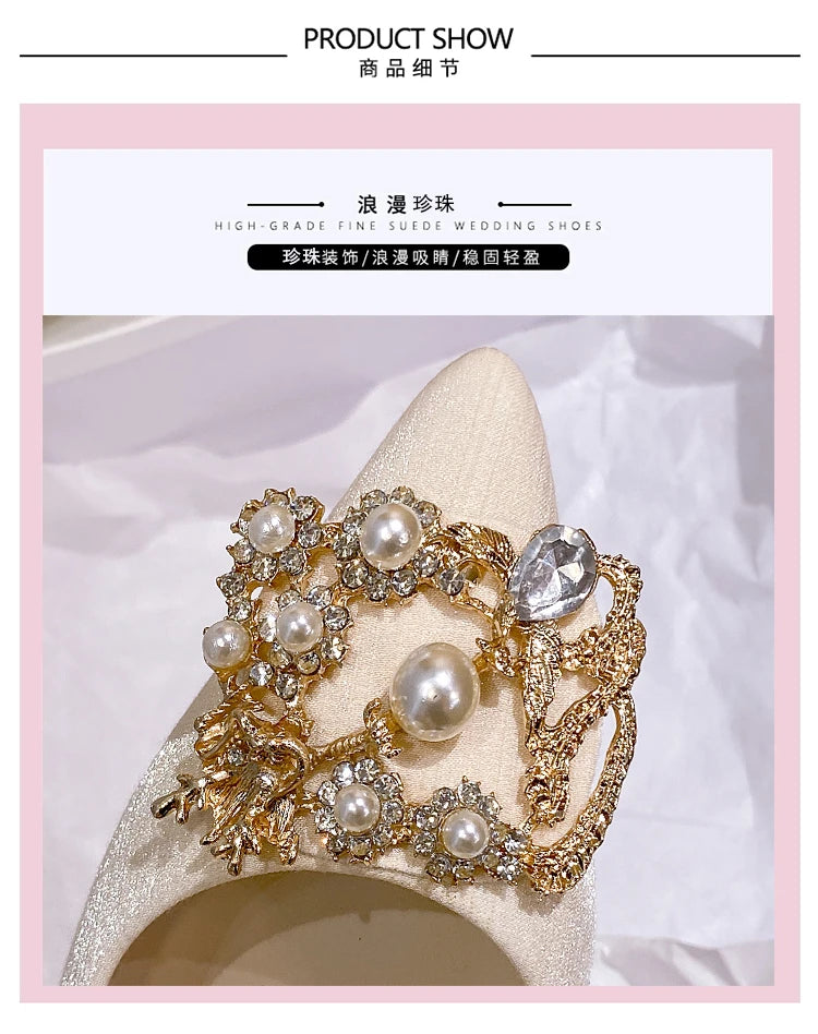 Autumn New Ladies High Heels Pointed Toe Shaped Heel High 5cm and 7cm Wedding Shoes Square Buckle Travel Banquet Shoe High Heels