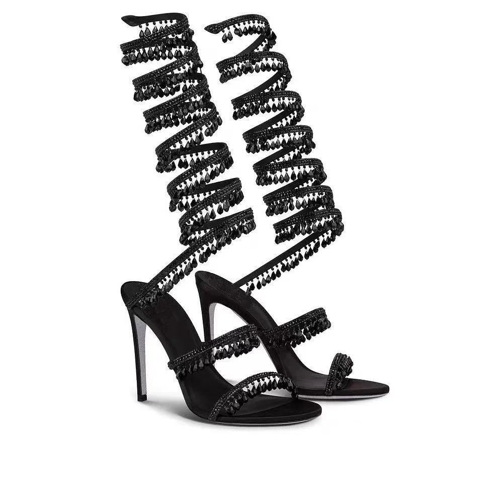 2025 Women's New Rhinestone Sandals Fashion Tassel Crystal Shoes Sexy Nightclub Banquet Party Twining Stiletto Women's Sandals