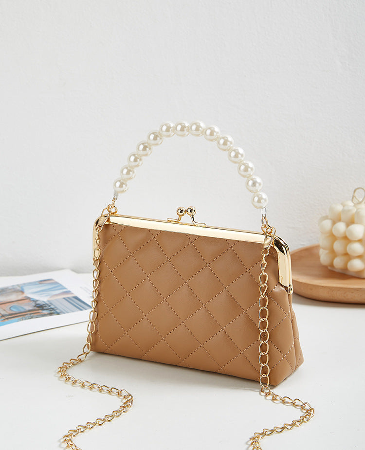 New Fashion Versatile Lingge Embroidery Clip Chain Strap Crossbody Mobile Phone Bag Pearl Handheld Women's Bag