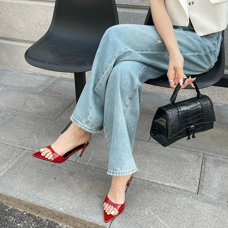Liyke Summer Slippers Women Cozy Mules Low Thin Heels Slides Shoes Fashion Pointed Open Toe Gladiator Sandals Zapatos Mujer