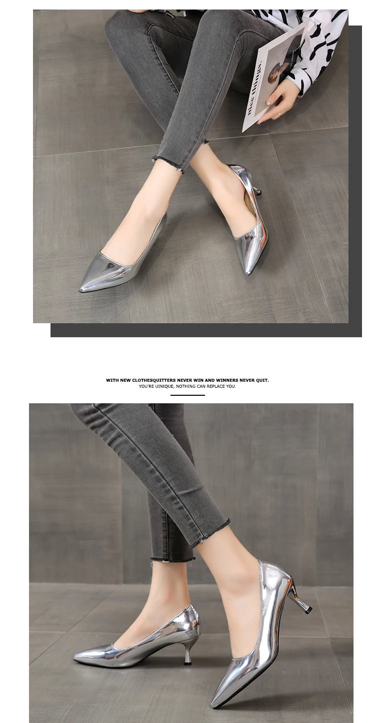 Fashion Simple Slim Heels With Bright Surface Patent Leather Shallow Mouth Pointed Head Slim Women's Heels