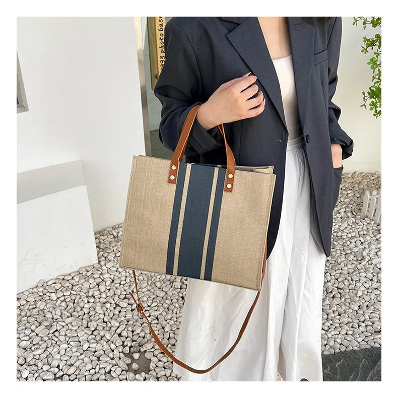 Simple Canvas Stripe Decor Bucket Handbags Women Top Handle Tote Bag Large Capacity Casual Shoulder Crossbody Bags