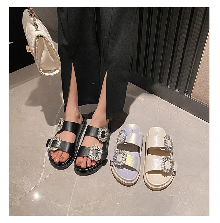 pearl rivets thick bottom women slippers crystal beading flip flops lace band platform sandalias mujer pearl slides big size 43