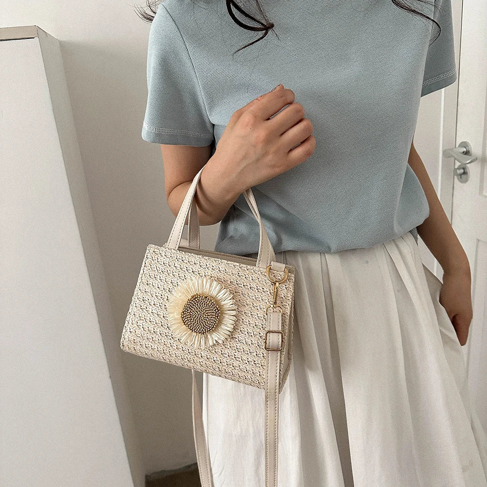 Rattan Woven Women Straw Bag Adjustable Shoulder Bag Handbag Knit Flower Summer Beach Woman Shoulder Messenger Khaki Beige Bags