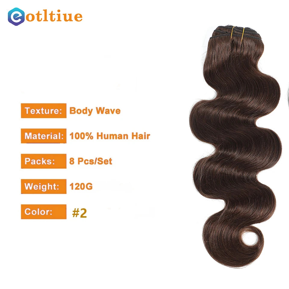 10-24Inch 120G/Set #2 Color Dark Brown Body Wave Clip In Human Hair Extensions Brazilian 100% Remy Human Hair 8Pcs/Set For Women