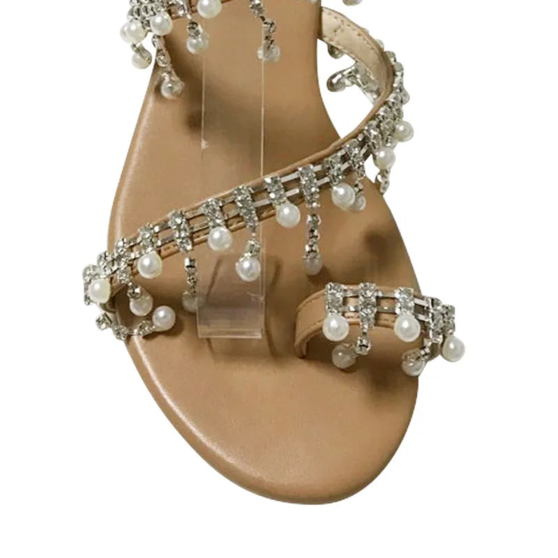1 Pair Women Beach Sandals Faux Pearl Tassels Flat Dressy Ankle Strap Open Toe Lightweight Women Casual Sandals Shoes