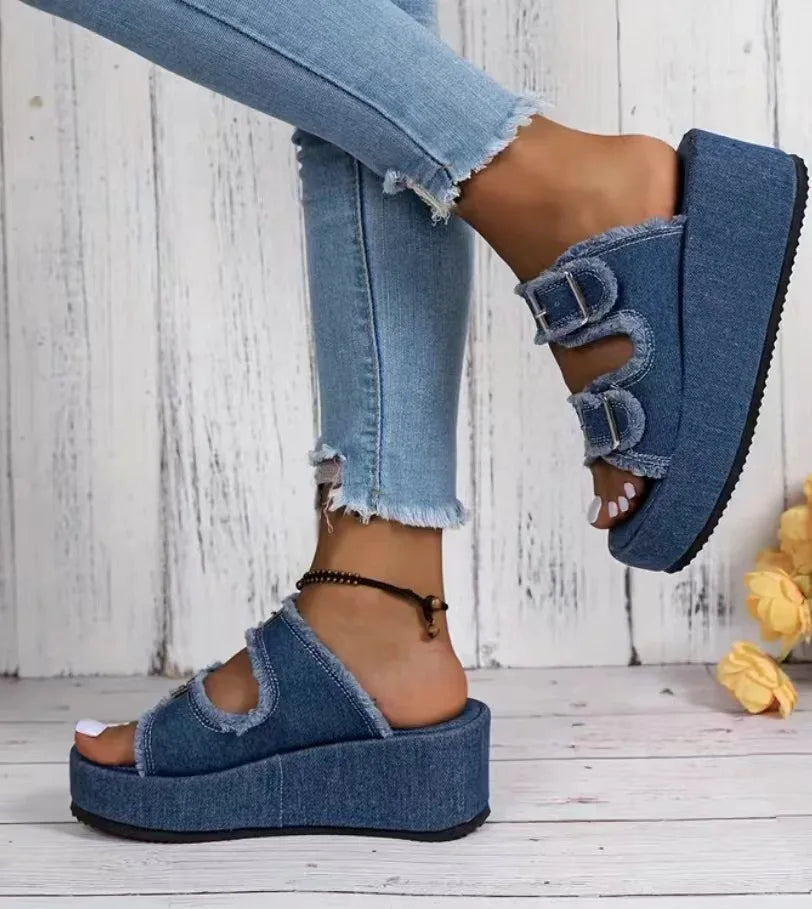 Cowboy Wedges Slippers Shoes Women High Heels Platform Sandals Buckle Flip Flops 2024 Summer Fashion Pumps Zapatos Mujer Slides