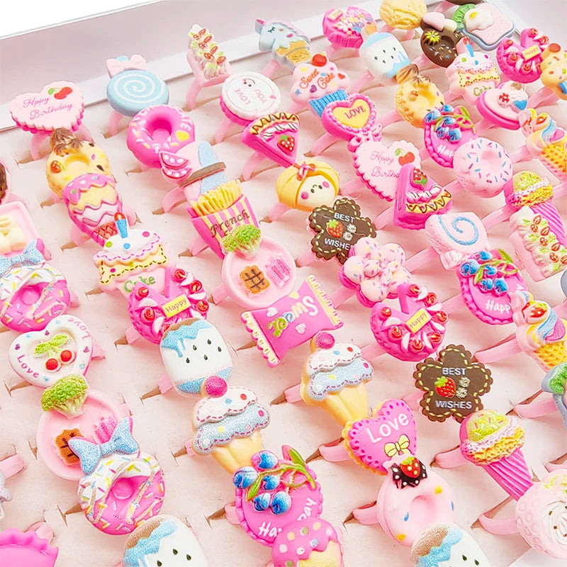 30/100pcs/Lot Wholesale New Cute Kids Finger Rings Party Pink Candy Ice Cream Donuts Cake Child Jewelry Open Adjust Gifts Girls