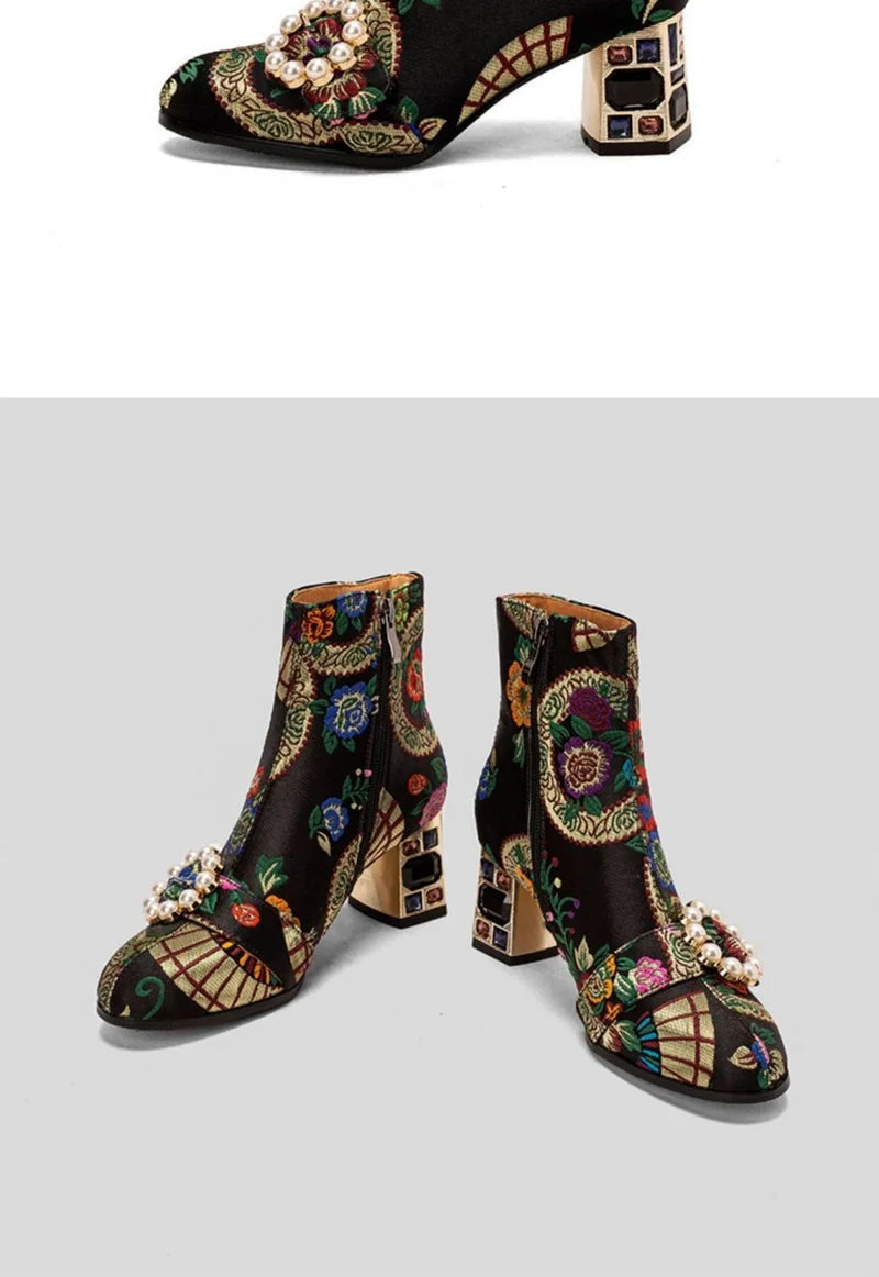 FHC New Chinese Style Women Ankle Boots,Fashion Embroidery Winter Shoes,High Heels Short Botas,Pointed Toe,Black,Yellow,Dropship