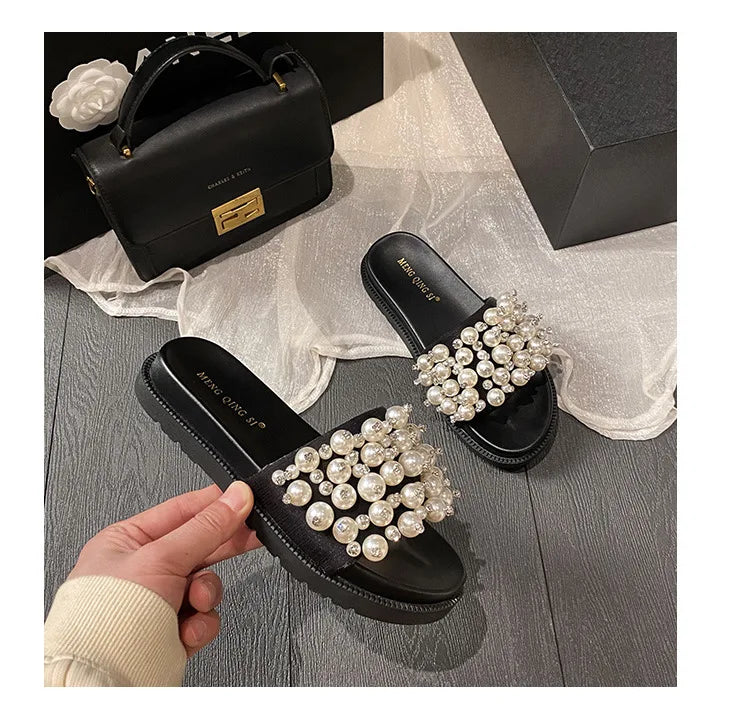 pearl rivets thick bottom women slippers crystal beading flip flops lace band platform sandalias mujer pearl slides big size 43