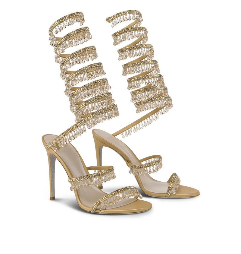 2025 Women's New Rhinestone Sandals Fashion Tassel Crystal Shoes Sexy Nightclub Banquet Party Twining Stiletto Women's Sandals
