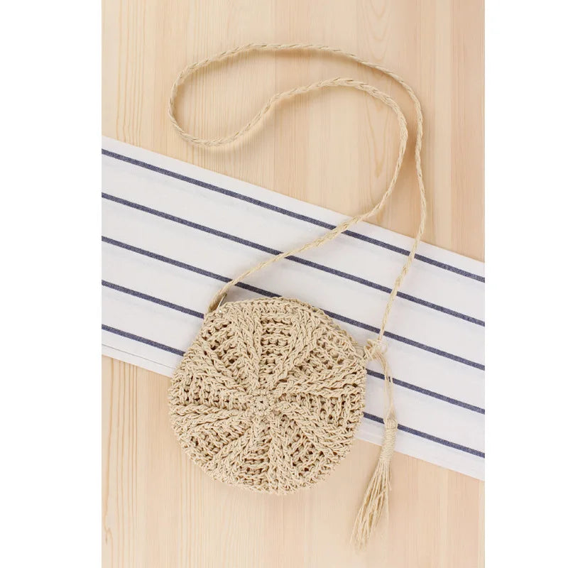Rattan Woven Round Women Straw Bag Handbag Knit Summer Beach Bag Woman Shoulder Messenger Bag Tassel Khaki Beige Bags