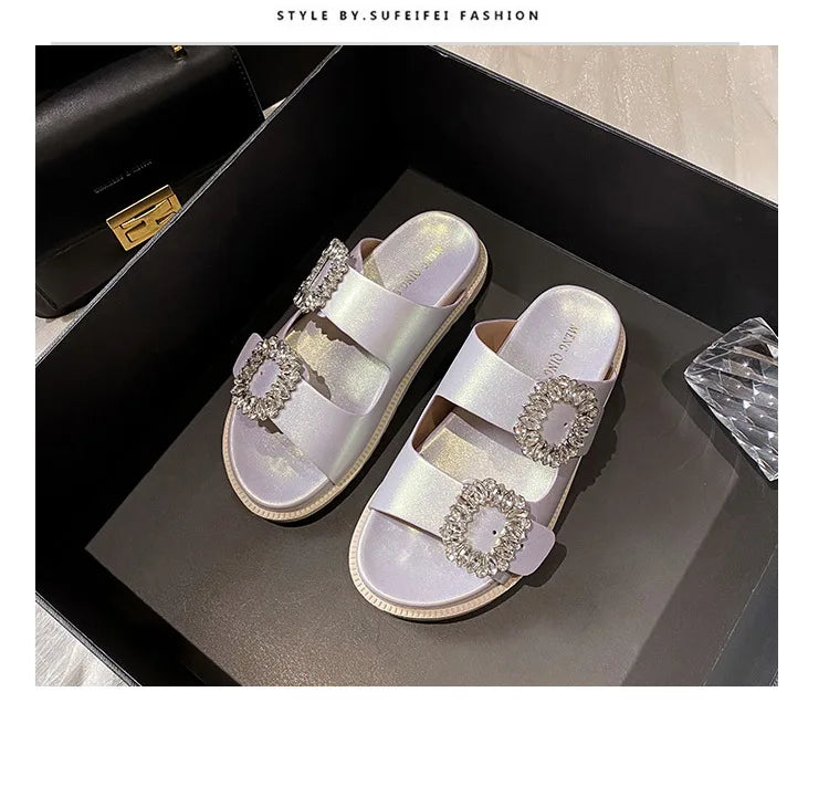 pearl rivets thick bottom women slippers crystal beading flip flops lace band platform sandalias mujer pearl slides big size 43