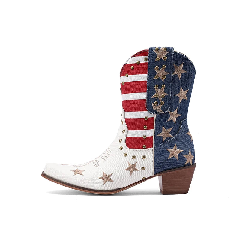 Women's Cowboy Western Boots USA Flag Ankle Booties Denim Studded Rivets Embroidery Stars Stripes Heeled Shoes 2024 New Footwear