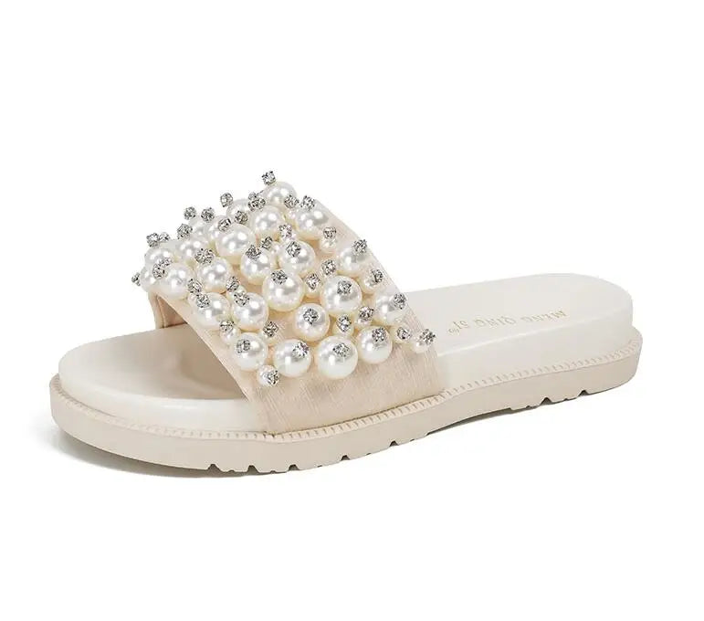 pearl rivets thick bottom women slippers crystal beading flip flops lace band platform sandalias mujer pearl slides big size 43