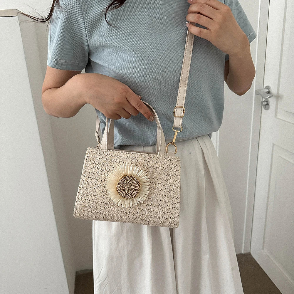 Rattan Woven Women Straw Bag Adjustable Shoulder Bag Handbag Knit Flower Summer Beach Woman Shoulder Messenger Khaki Beige Bags