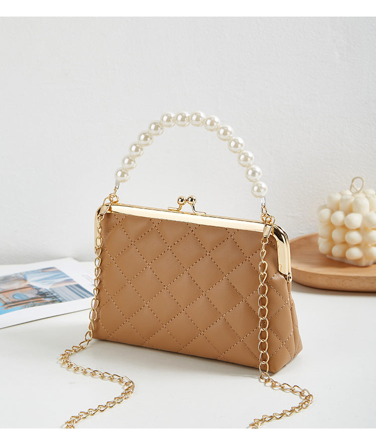 New Fashion Versatile Lingge Embroidery Clip Chain Strap Crossbody Mobile Phone Bag Pearl Handheld Women's Bag