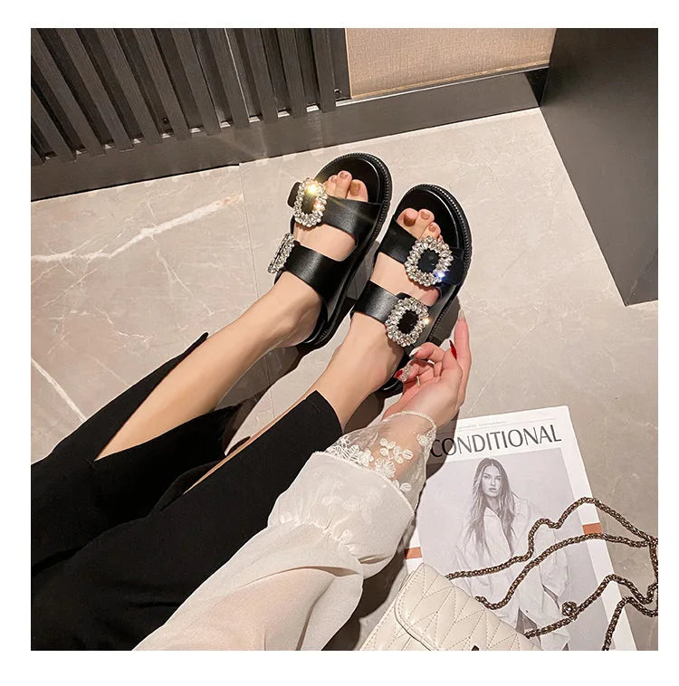 pearl rivets thick bottom women slippers crystal beading flip flops lace band platform sandalias mujer pearl slides big size 43